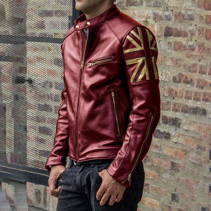 Solid color stand-up collar multi-zip fit PU leather jacket