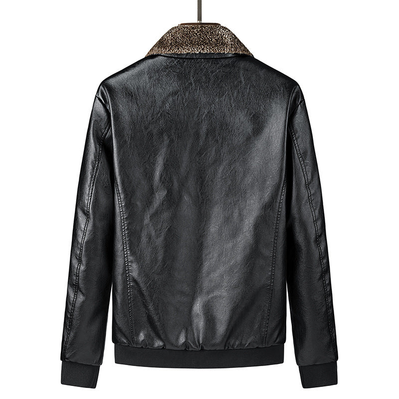 Men's fur collar leather jacket with lapel and fleece