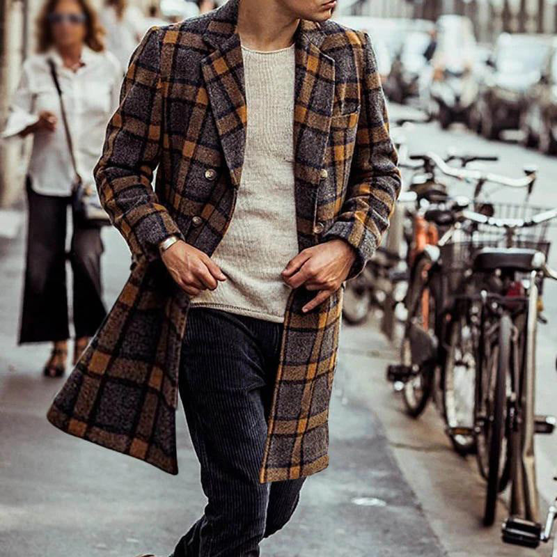 Men's mid-length plaid woolen coat