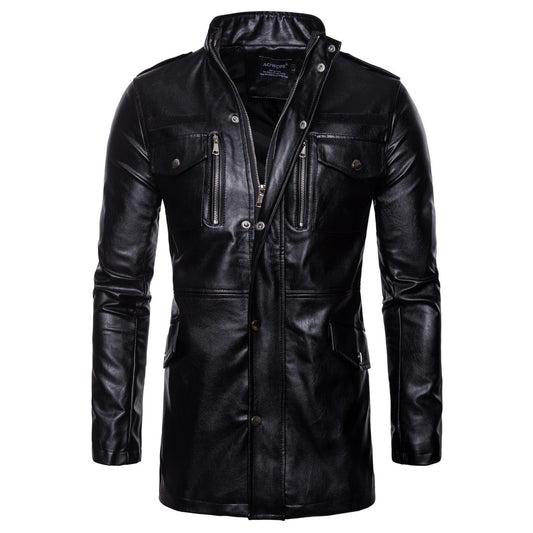 Stand collar four pocket motorcycle leather jacket