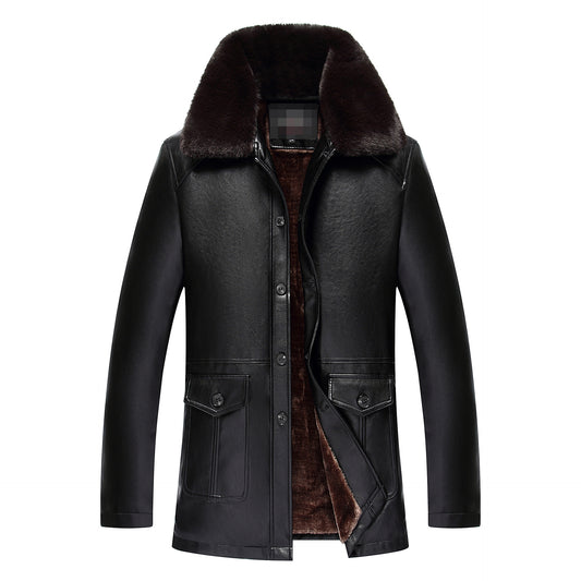 Middle-Aged And Elderly Men's PU Leather Buttoned Large Fur Colla