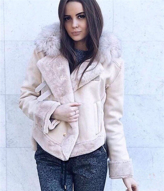 Leather fur collar faux fur coat