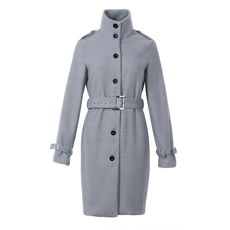 Women's solid color long-sleeved woolen coat