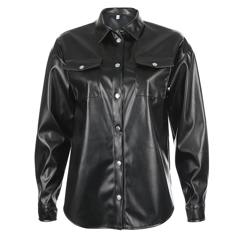 Motorcycle Cool Girl Leather Shirt With Metal Buckle Top
