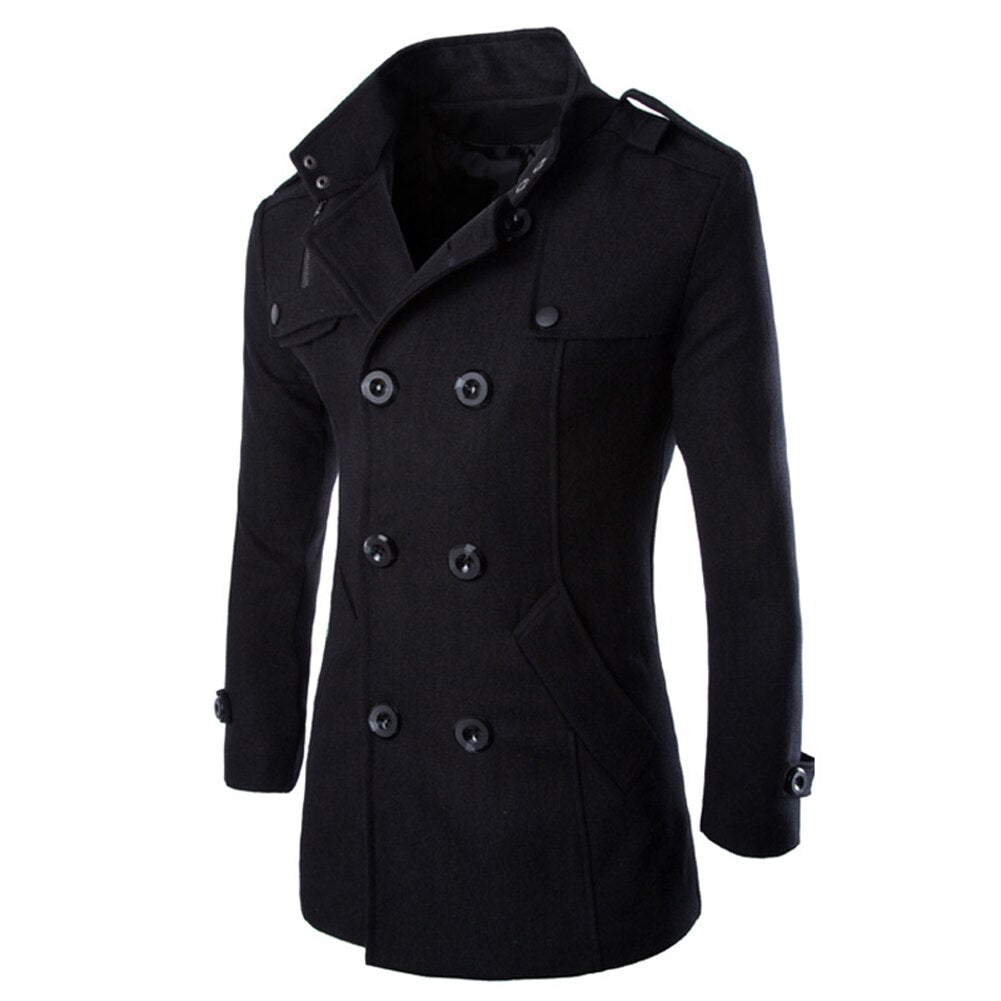 Men's Stand Collar Long Sleeve Wool Trench Coat