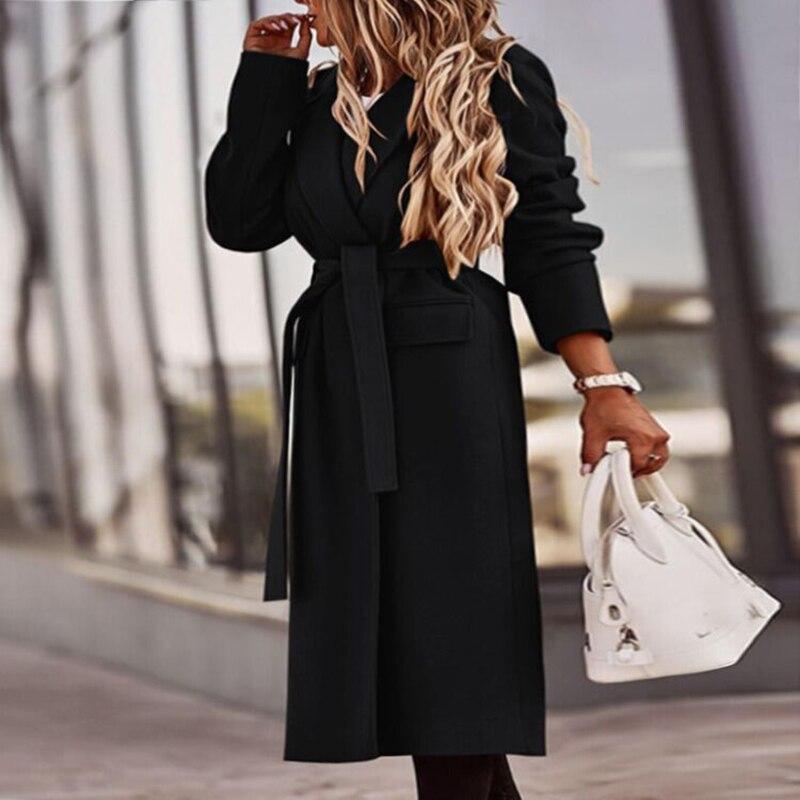 Lapel cardigan solid color long sleeve long woolen coat