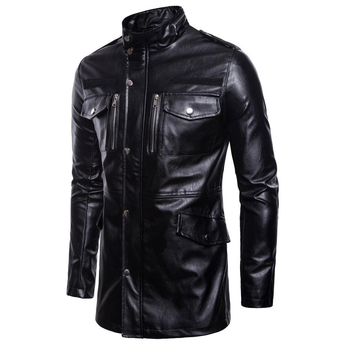 Stand collar four pocket motorcycle leather jacket