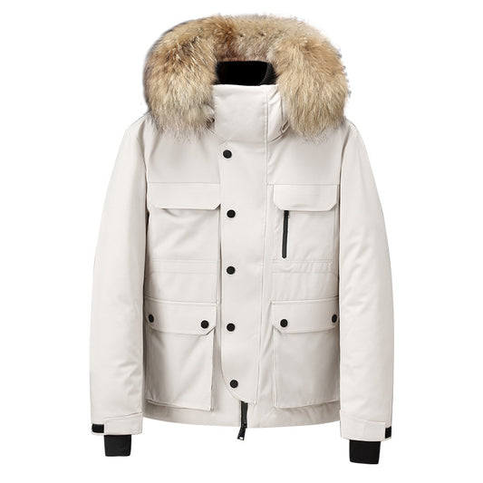 Herren Daunenjacke mit Kapuze, dicker warmer Mantel, Pelzkragen