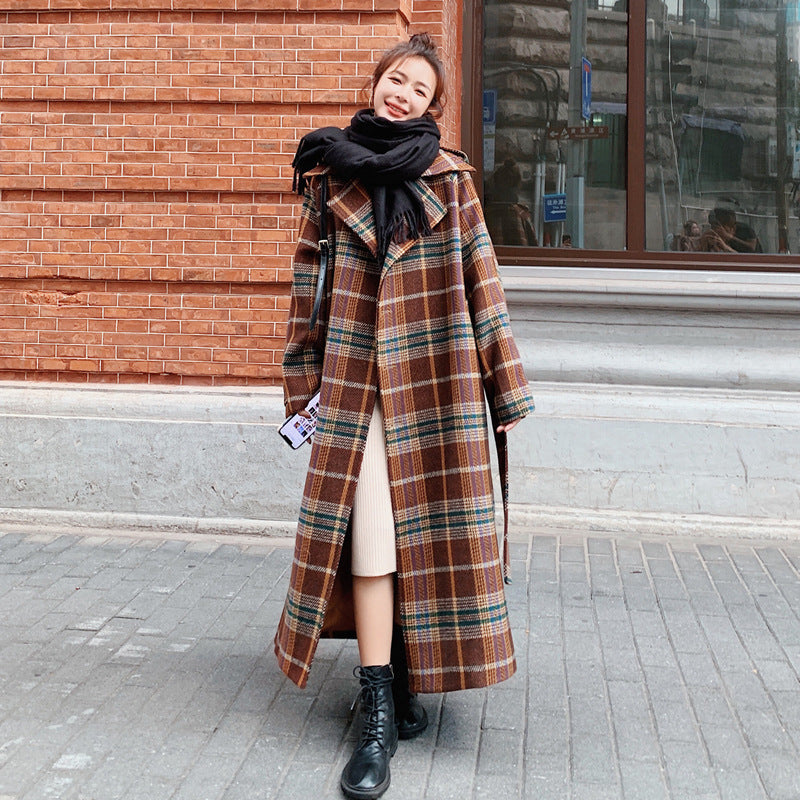 Women's Autumn And Winter New Temperament Long Woolen Plaid Coat Jacket
