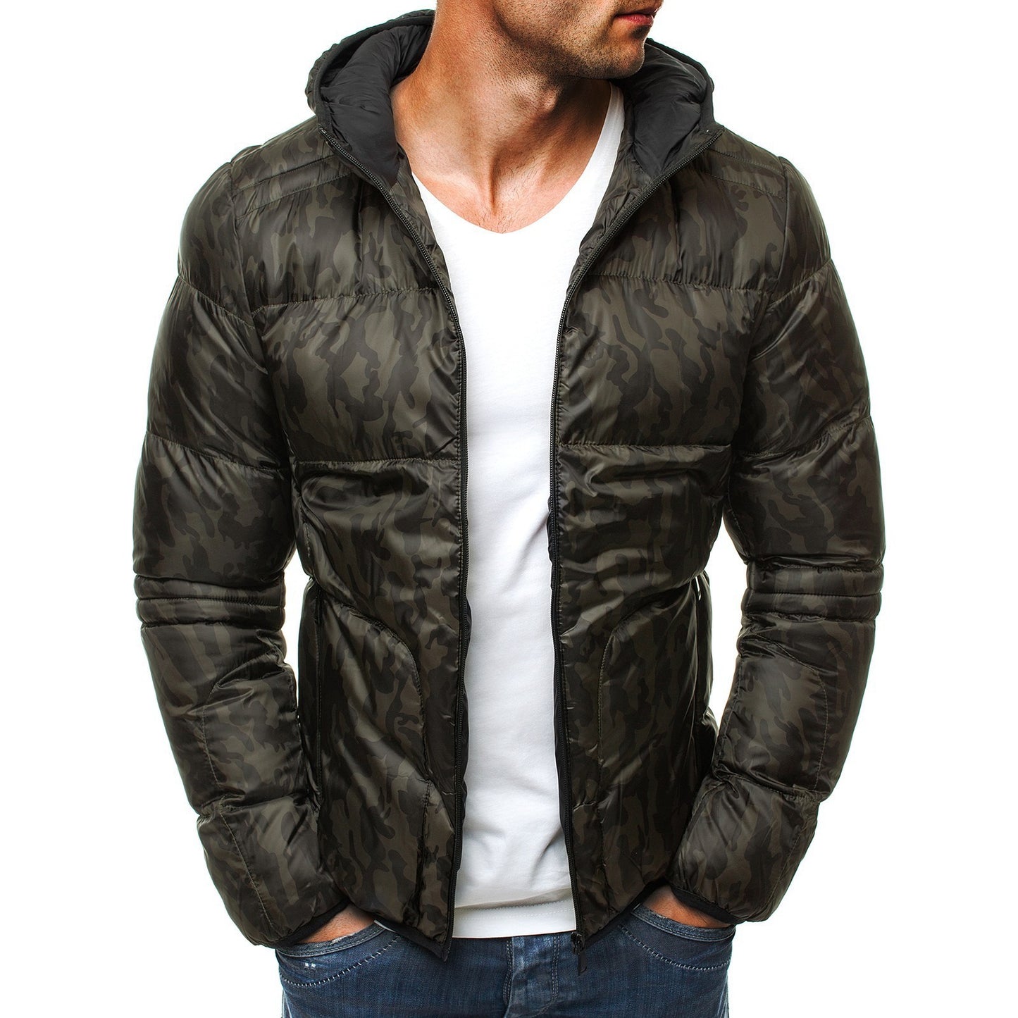 Neue kurze Baumwolljacke mit Camouflage-Muster und Kapuze für Herren