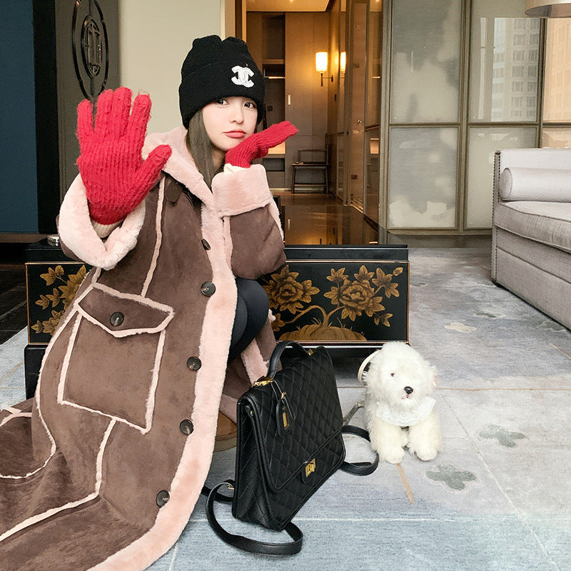 Retro Coffee Color Loose Lapels Single-breasted Stitching Fur Integrated Large Coat