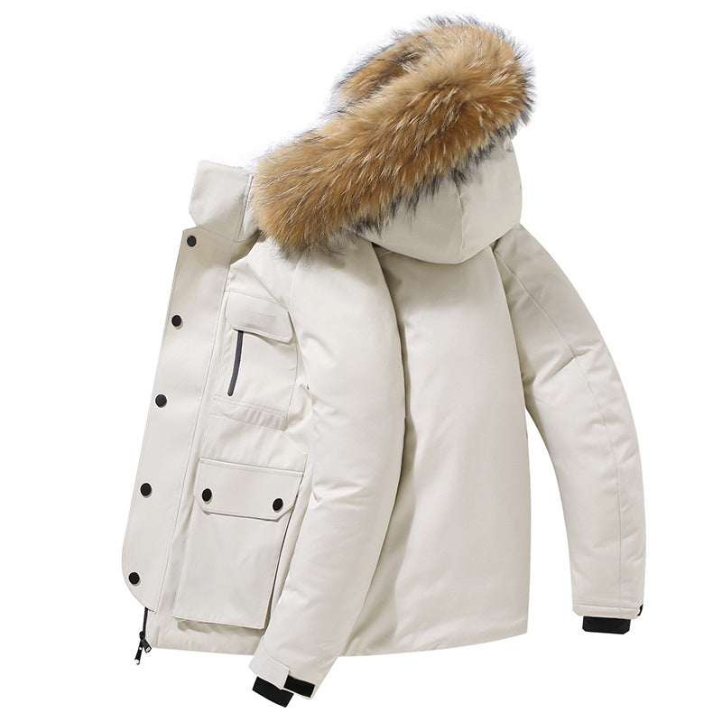 Herren Daunenjacke mit Kapuze, dicker warmer Mantel, Pelzkragen