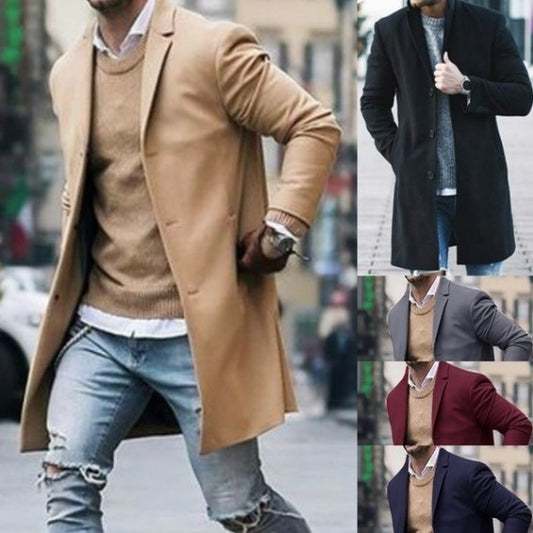 Solid colored simple men's long woolen coat