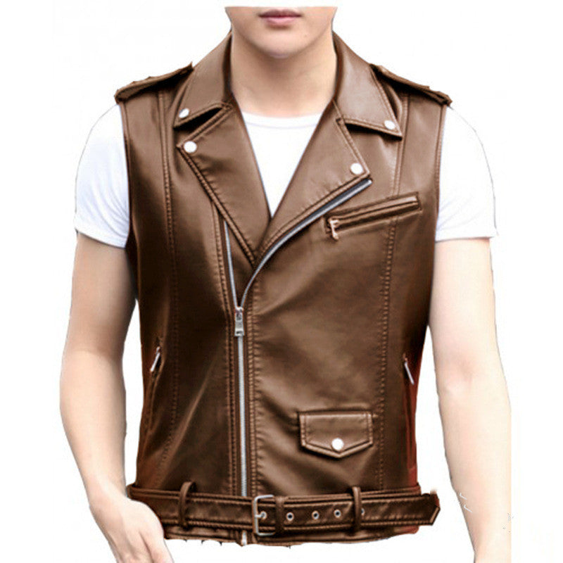 Short Slim Punk Motorcycle Vest Oblique Zipper PU Leather Jacket