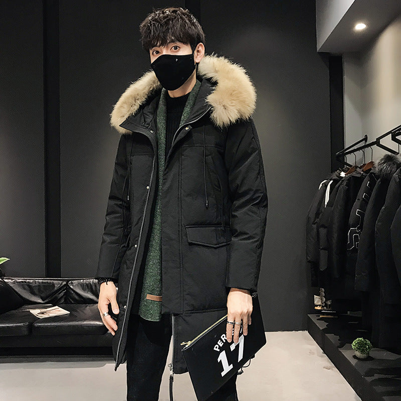 Men's Mid-length Large Fur Collar Hooded Thick Padded Jacket