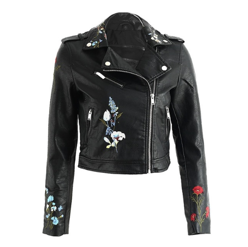 winter Slim floral embroidery leather motorcycle jacket female