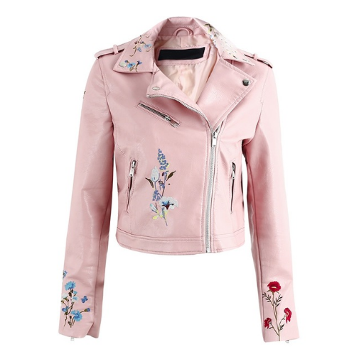 winter Slim floral embroidery leather motorcycle jacket female