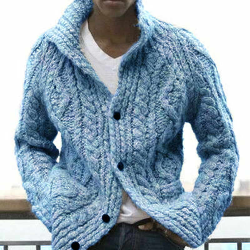 Men's Woolen Sweater Down Lapel Tweed Ribbed Solid Button Knit Coat