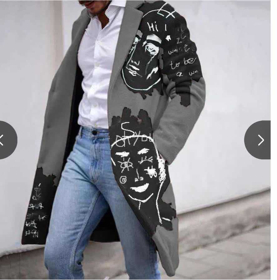 Mid Length Printed Top Long Sleeve Woolen Jacket