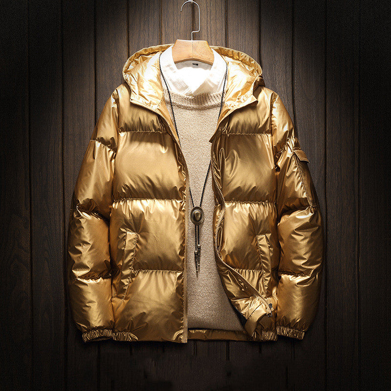 Men's shiny solid color plus size hooded cotton coat