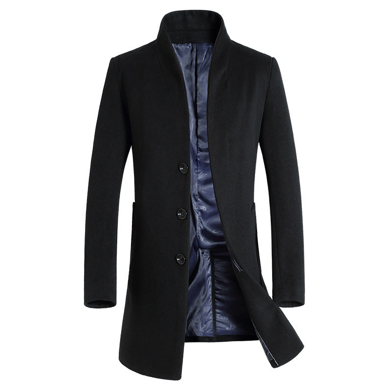 Men's mid-length casual stand-collar woolen coat