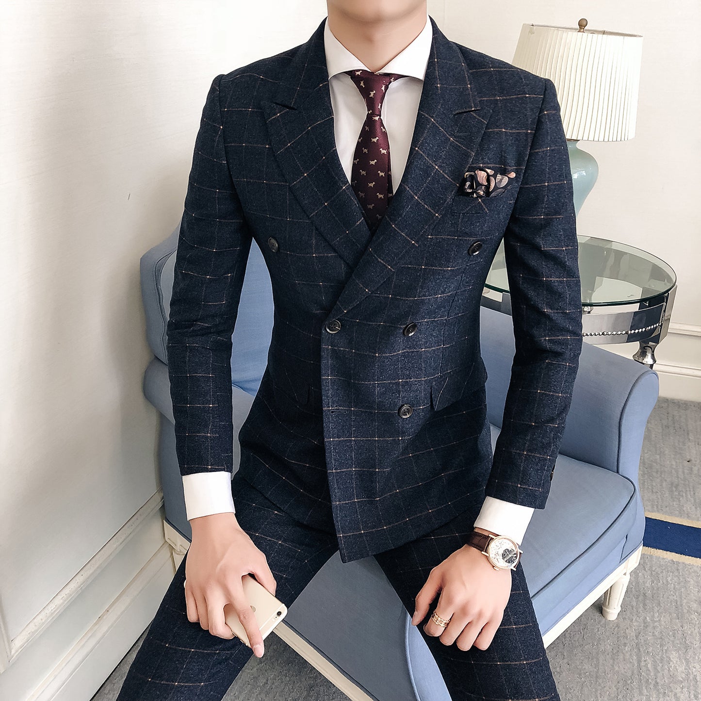 Hair Stylist Suit Three-Piece Korean Style Men's Plaid Slim Suit