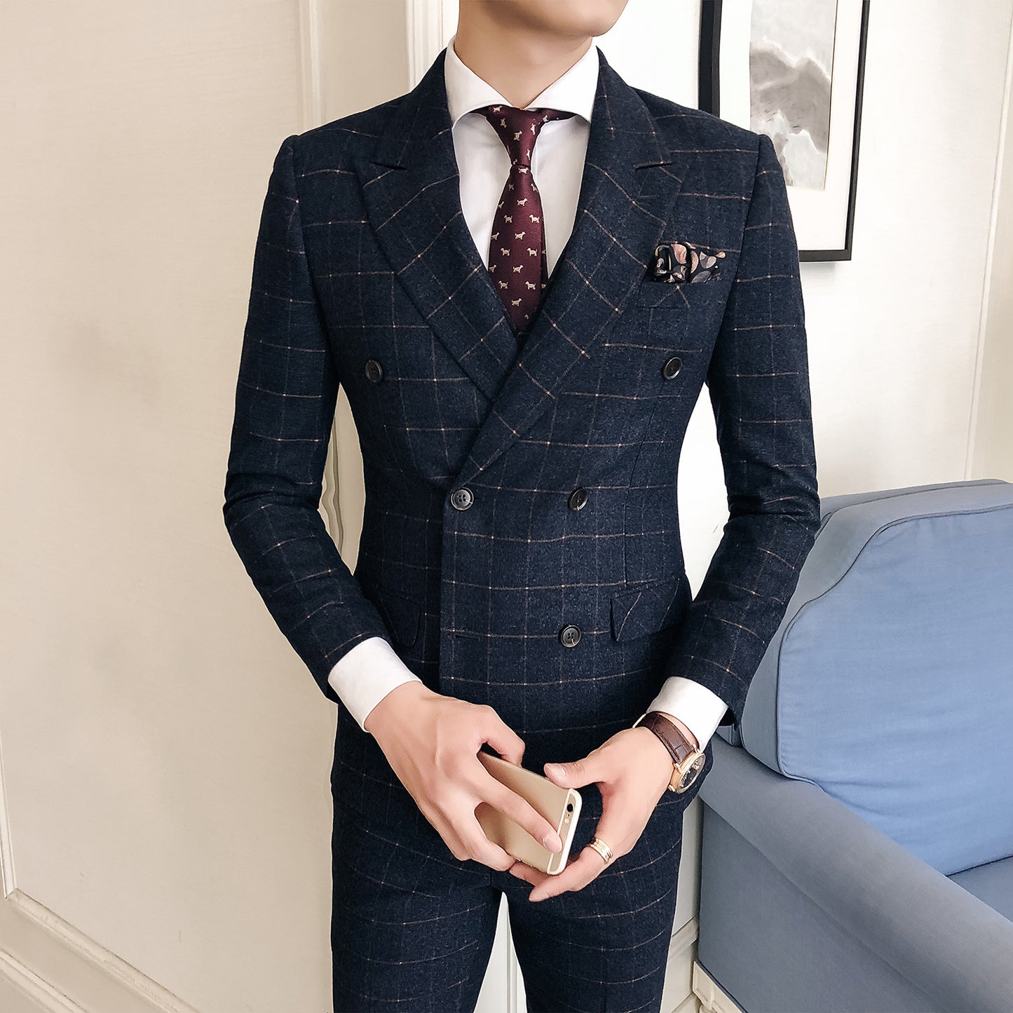 Hair Stylist Suit Three-Piece Korean Style Men's Plaid Slim Suit