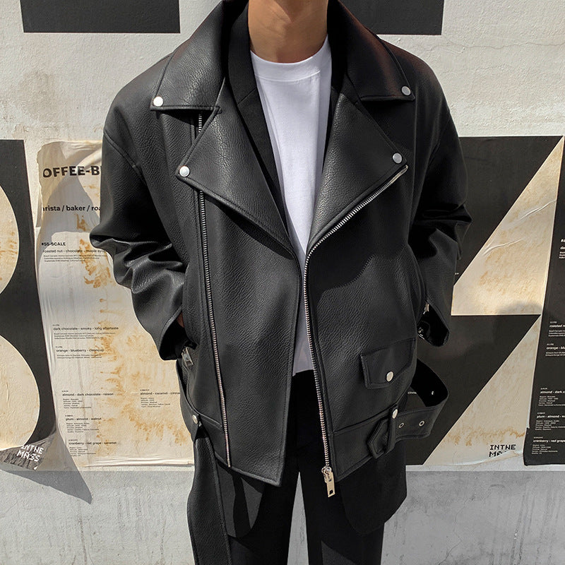 Men's Oblique Zipper Slim Leather Jacket