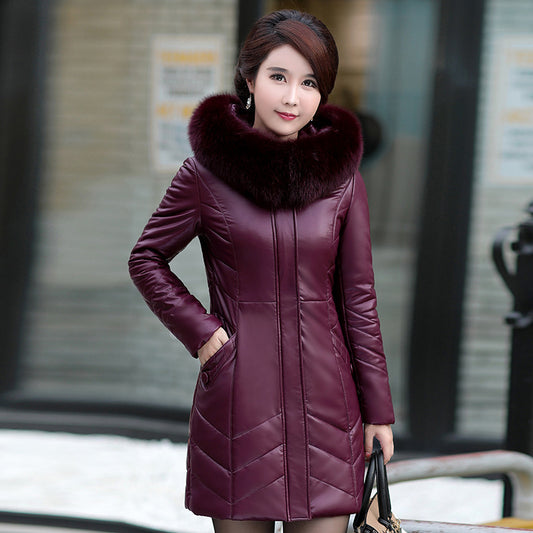 Middle-Aged And Elderly Women's Leather Casual Mid-Length Cotton Jacket