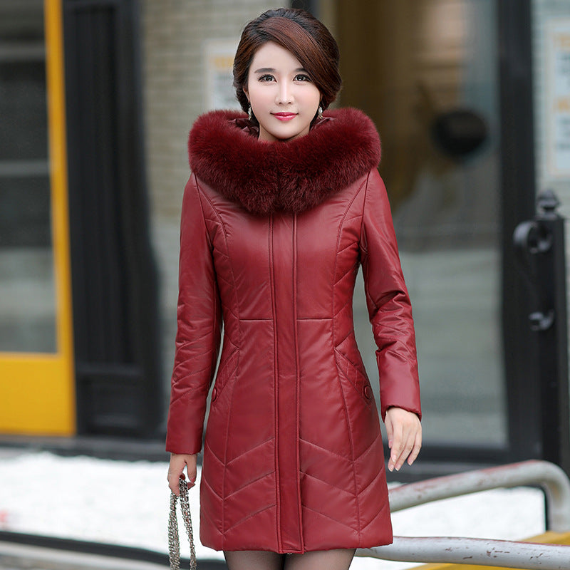 Middle-Aged And Elderly Women's Leather Casual Mid-Length Cotton Jacket