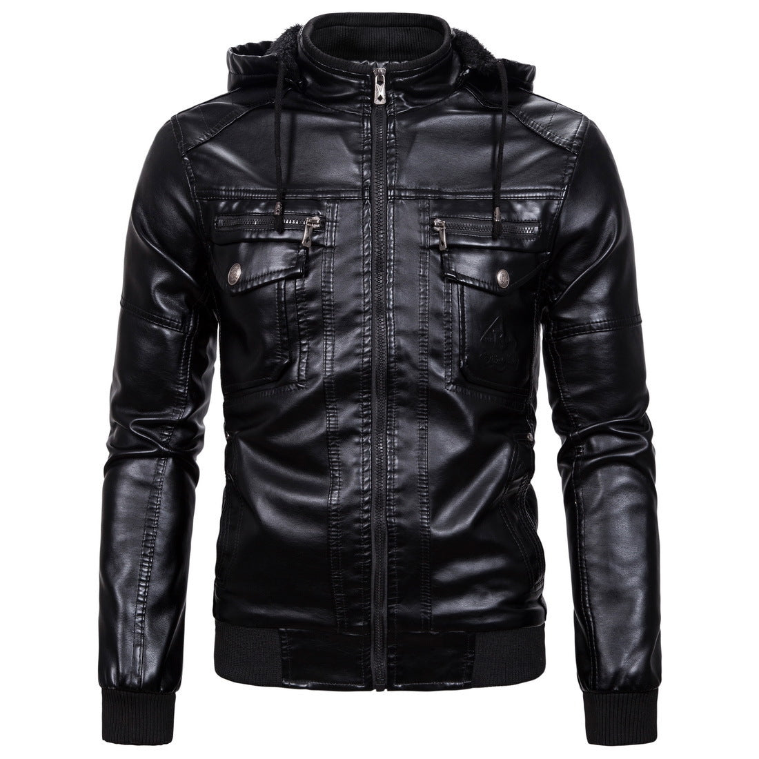 Fleece Warm Leather Jacket With Hooded Leather Jacket