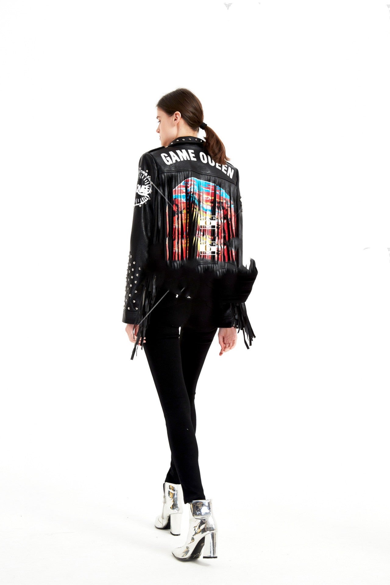 Graffiti Printed Rivet Slim Short Leather Jacket Women
