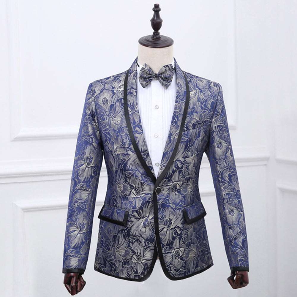 Best Man''s Dress Blue Brocade Suit One Button Green Fruit Collar With Black Edge British Men''s Two Piece Suit