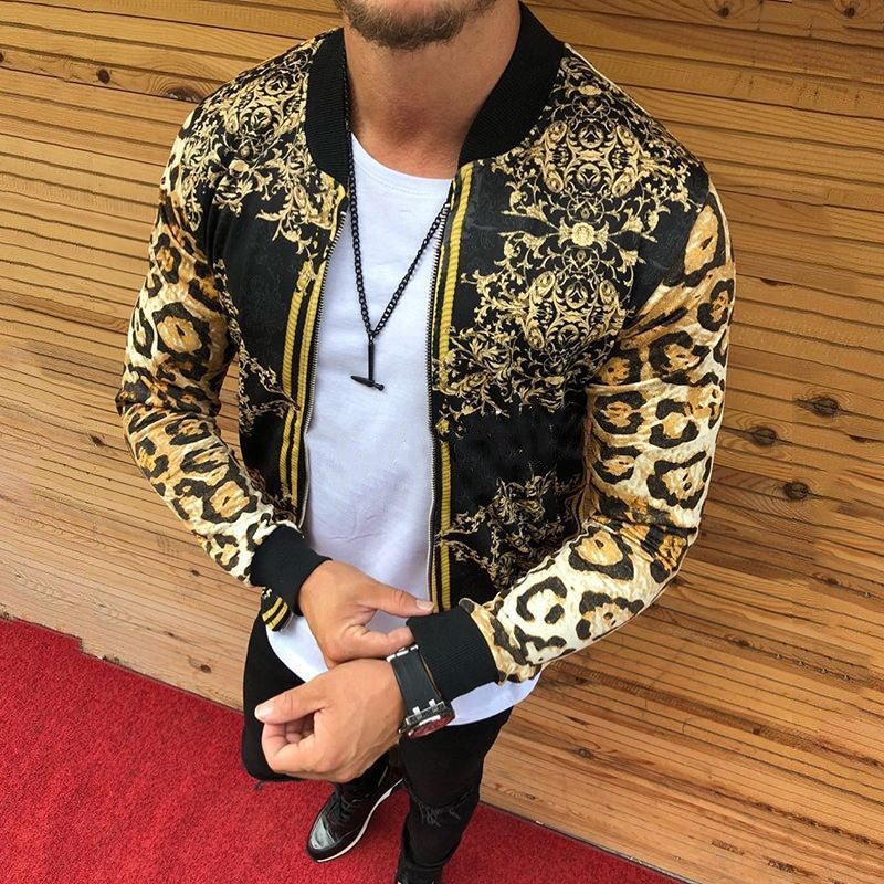 Slim-Fitting Leopard Print Crew-Neck Casual Jacket