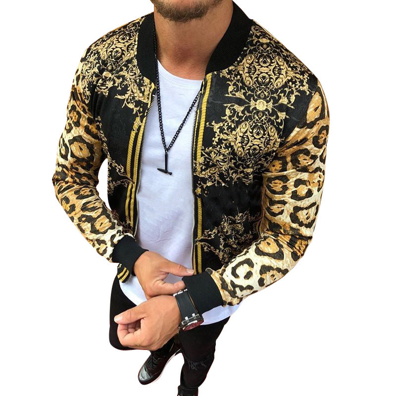 Slim-Fitting Leopard Print Crew-Neck Casual Jacket