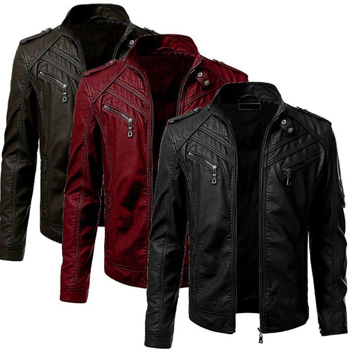 Leather Jacket Men Zipper Stand Collar Jacket