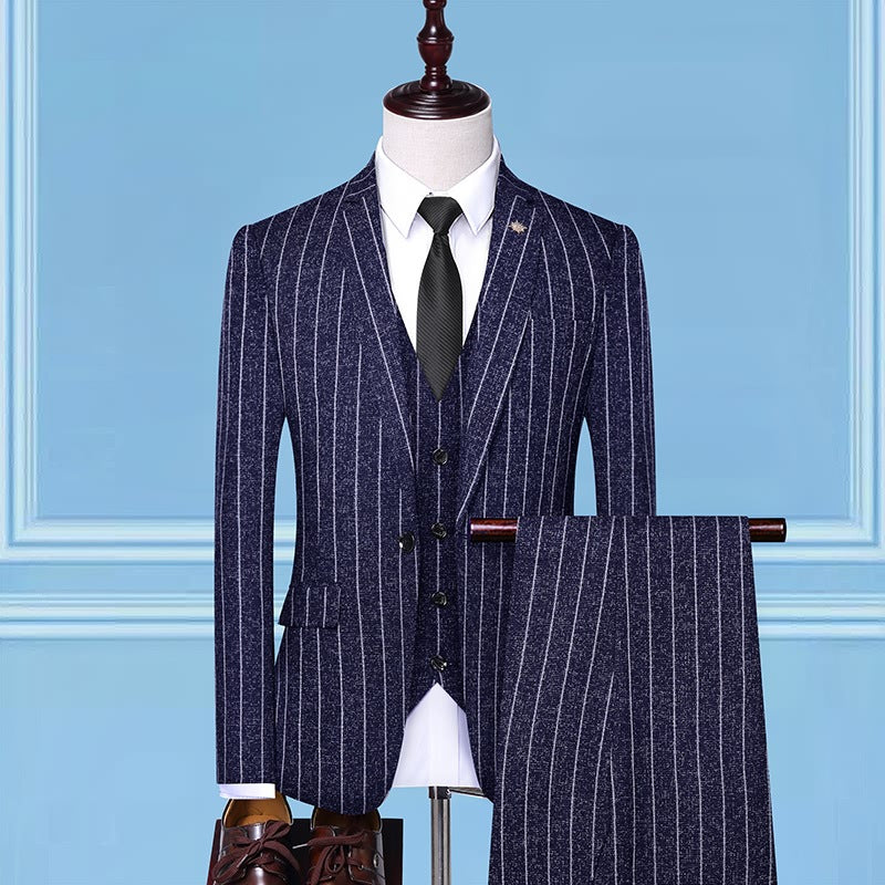 New Trend Men's Suit Three-Piece Wedding Banquet Suit Linen Stripe Slim Fashion British Style