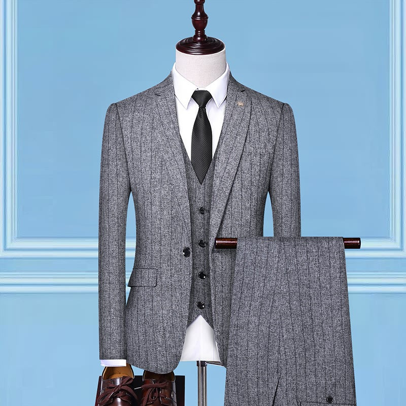 New Trend Men's Suit Three-Piece Wedding Banquet Suit Linen Stripe Slim Fashion British Style