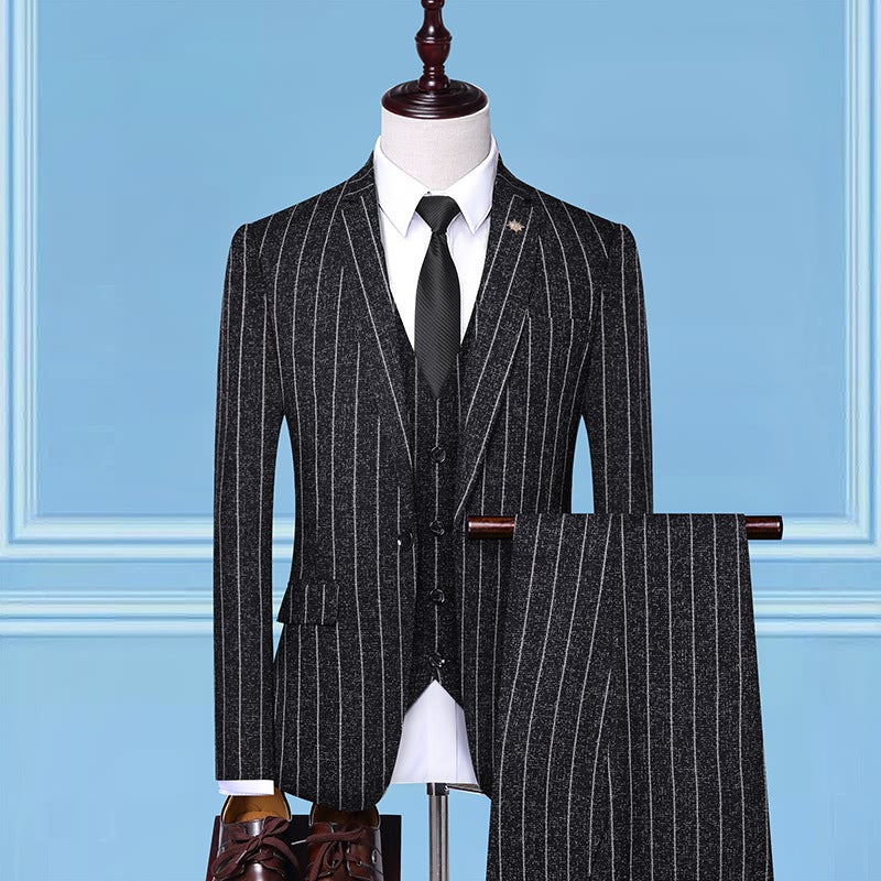 New Trend Men's Suit Three-Piece Wedding Banquet Suit Linen Stripe Slim Fashion British Style