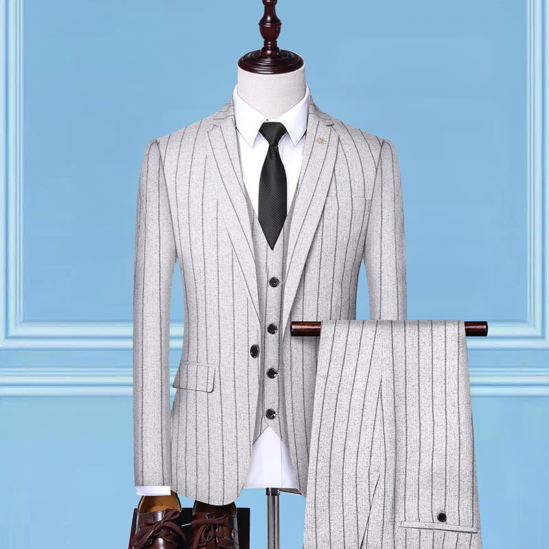 New Trend Men's Suit Three-Piece Wedding Banquet Suit Linen Stripe Slim Fashion British Style