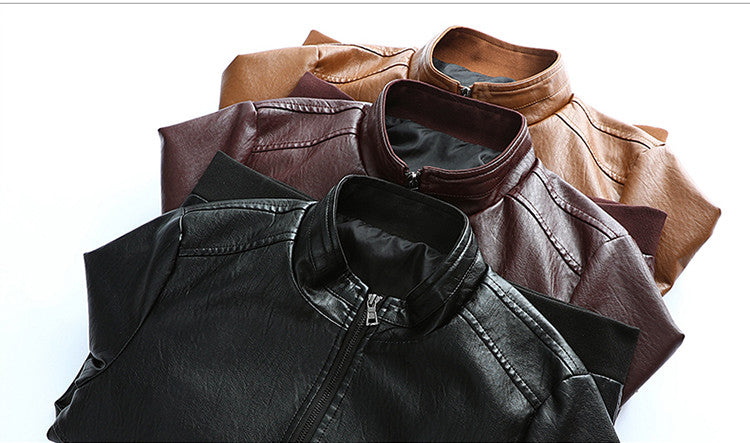 Men's Leather Jacket Korean Style Slim Stand-Up Collar