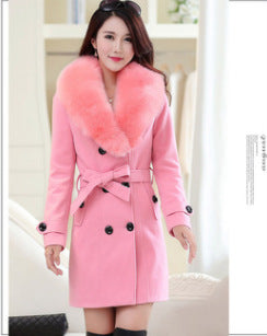 Mid-length Winter Coat With Woolen Collar And Double-breasted Coat