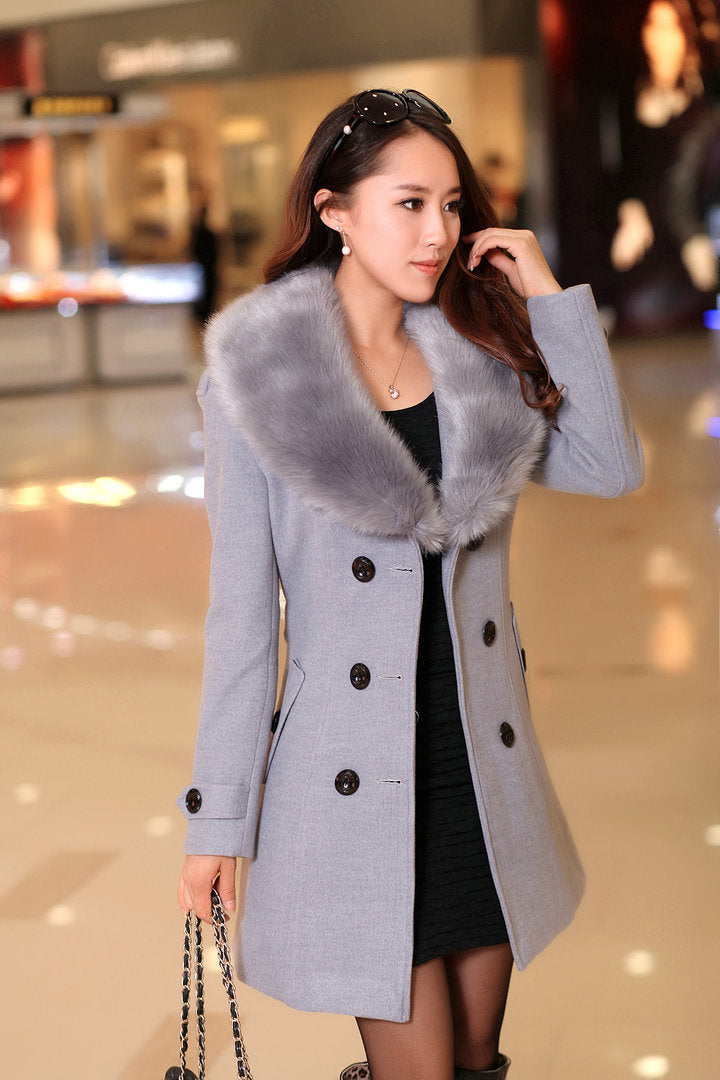 Mid-length Winter Coat With Woolen Collar And Double-breasted Coat