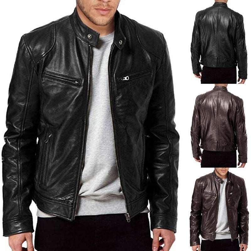 Autumn Winter Men Fashion Vintage Cool Motorcycle Faux Leather Jacket Long Sleeve