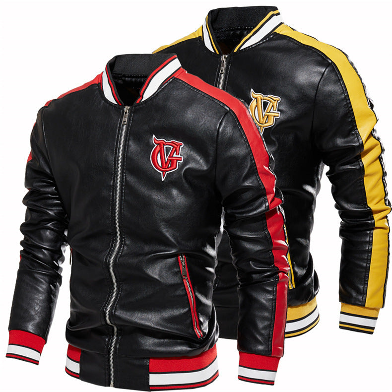 Leather Jacket Men's Stand-up Collar Color Block Faux Leather Jacket Zipper Embroidered Jacket