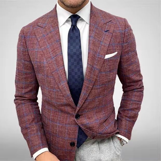 Men's Check Lapel Long Sleeve Suit