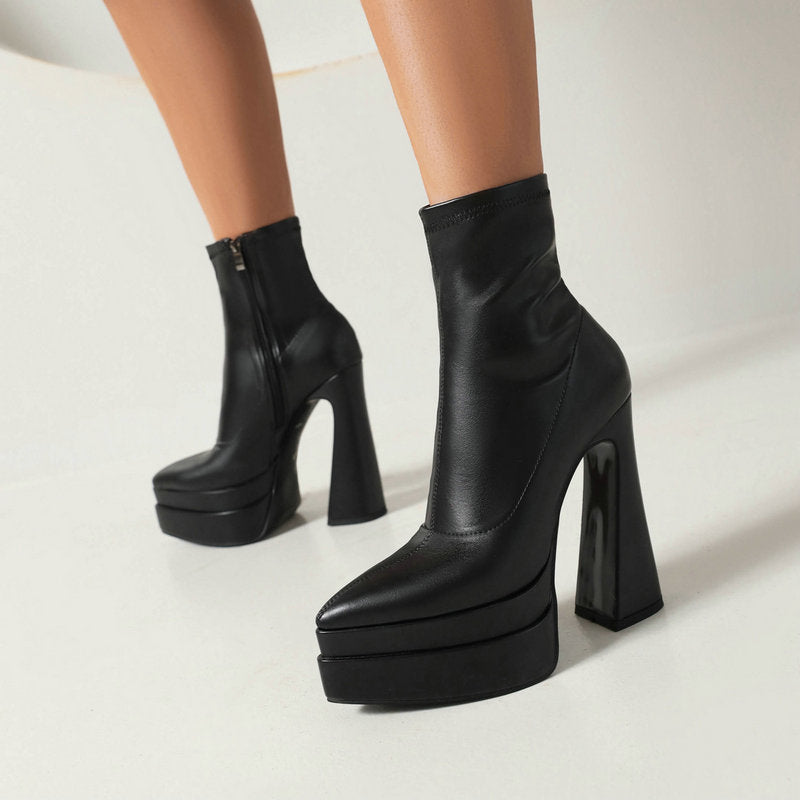 Fashion Women's Short Boots With Pointed Toe And Thick Heel