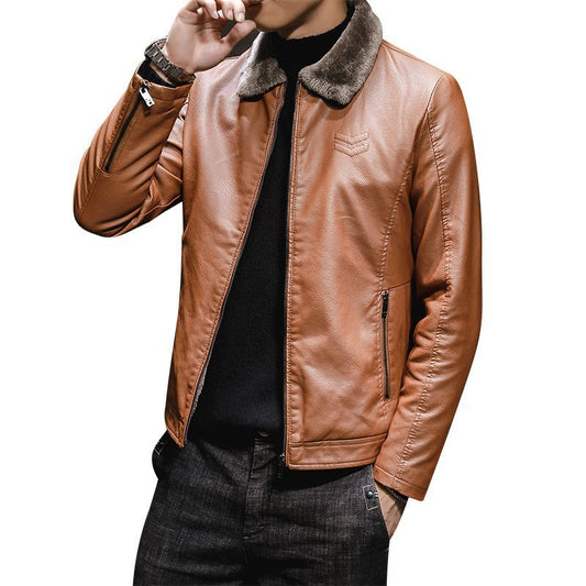 Lapel Plus Velvet Thick Fur One Leather Jacket