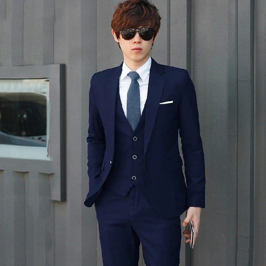 Solid color suit three-piece men's Korean version of the self-cultivation wedding dress business suit