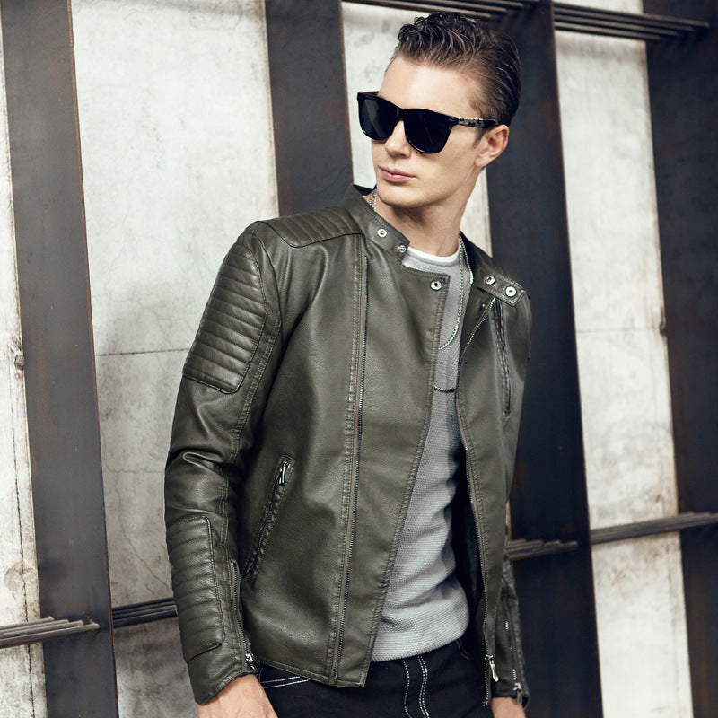 Men's motorcycle leather jacket in autumn